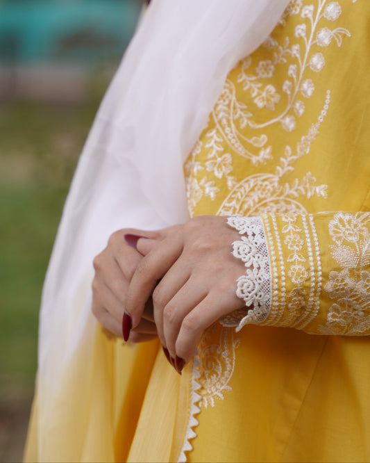 Sunshine Yellow Embroidered Frock Only 3 PC | HU 33