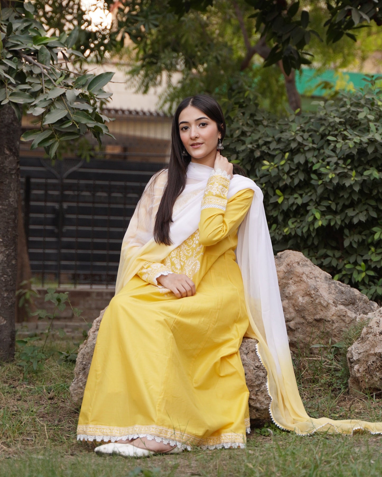 Sunshine Yellow Embroidered Frock Only 3 PC | HU 33
