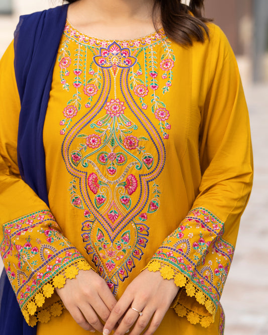 Mustard Embroidered Lawn Suit | HU 23