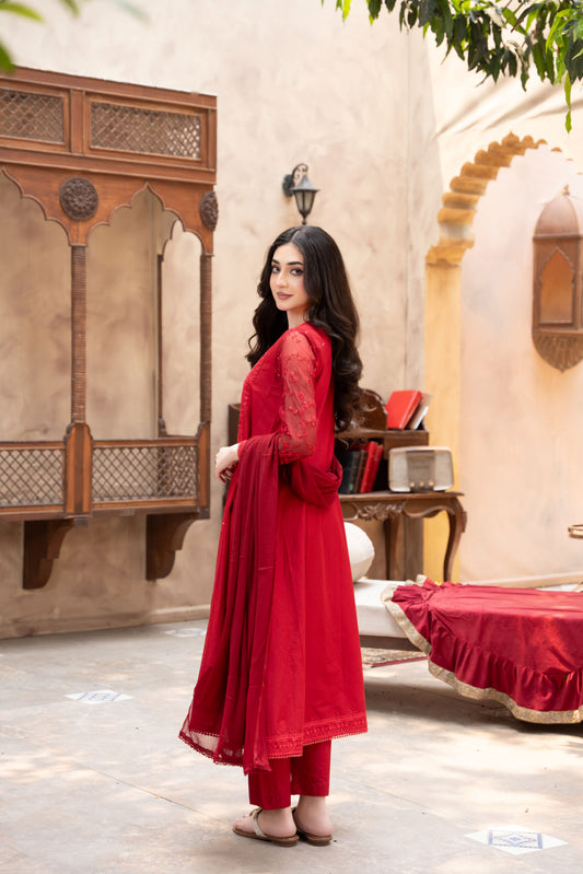 Royal Maroon Embroidered Luxury Lawn 3pc & 2pc Suit | HU 36