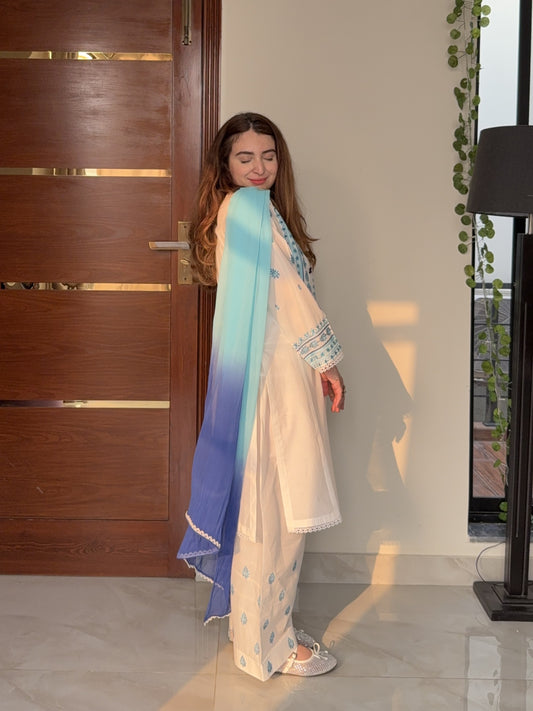 Elegant White & Blue Embroidered Lawn Suit 3PC & 2PC | HU 15