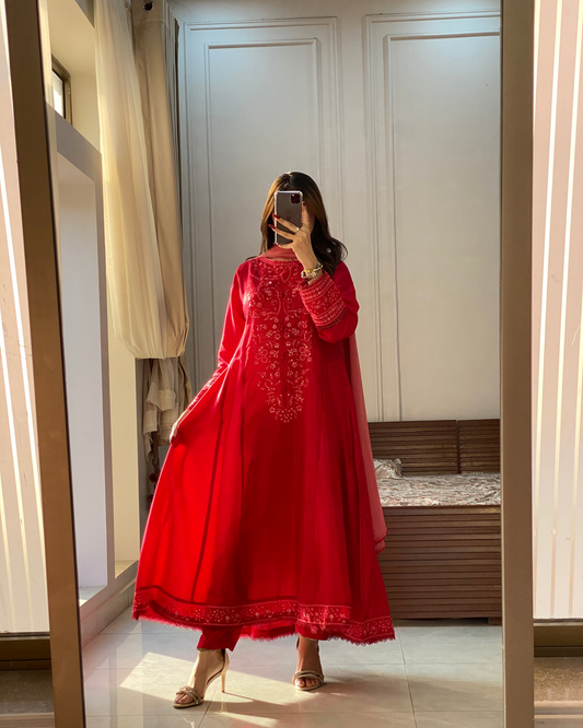 Crimson Red Embroidered 3PC & 2PC Frock | HU 32
