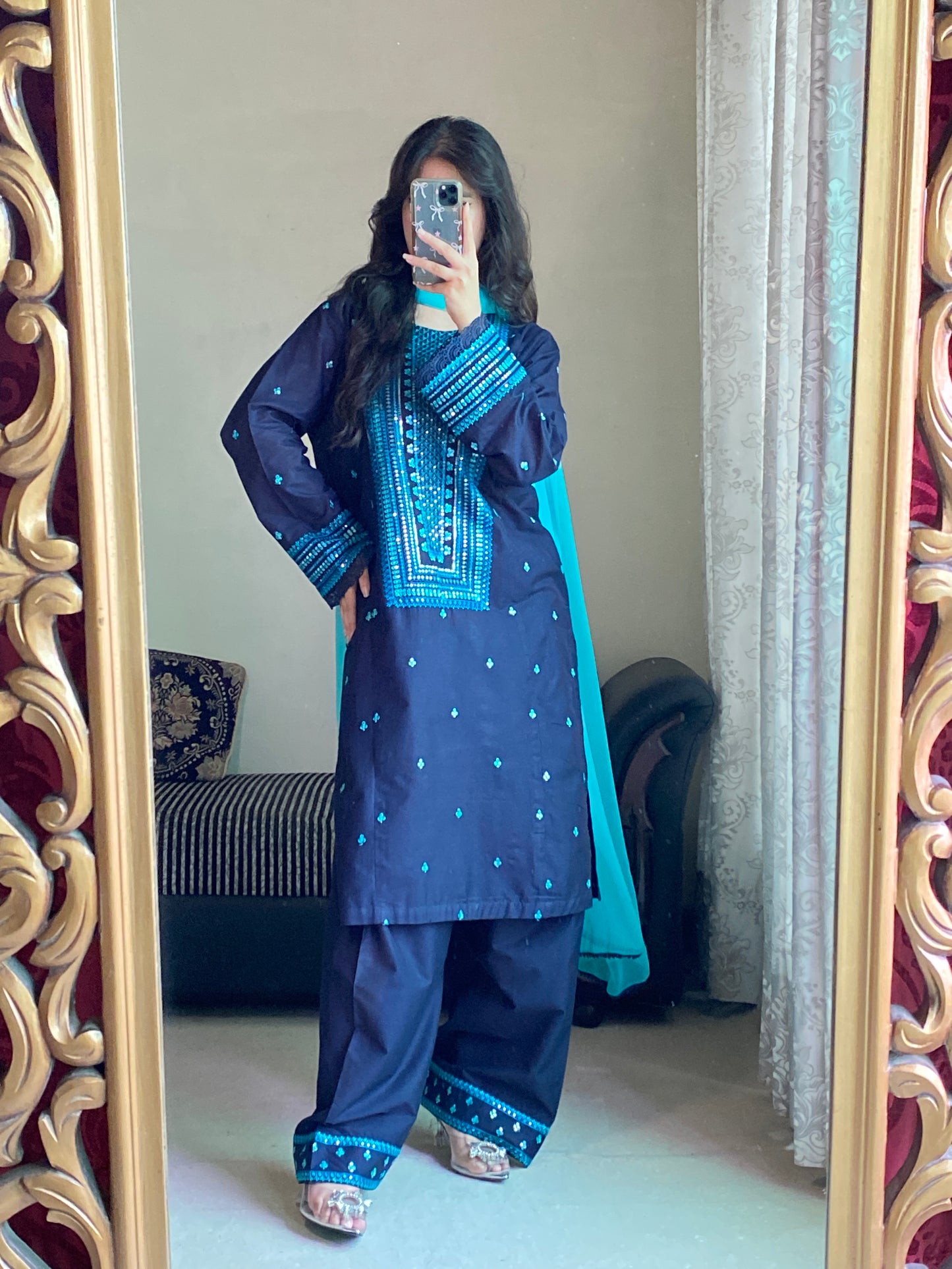 Navy Blue Embroidered Lawn Suit | HU 22