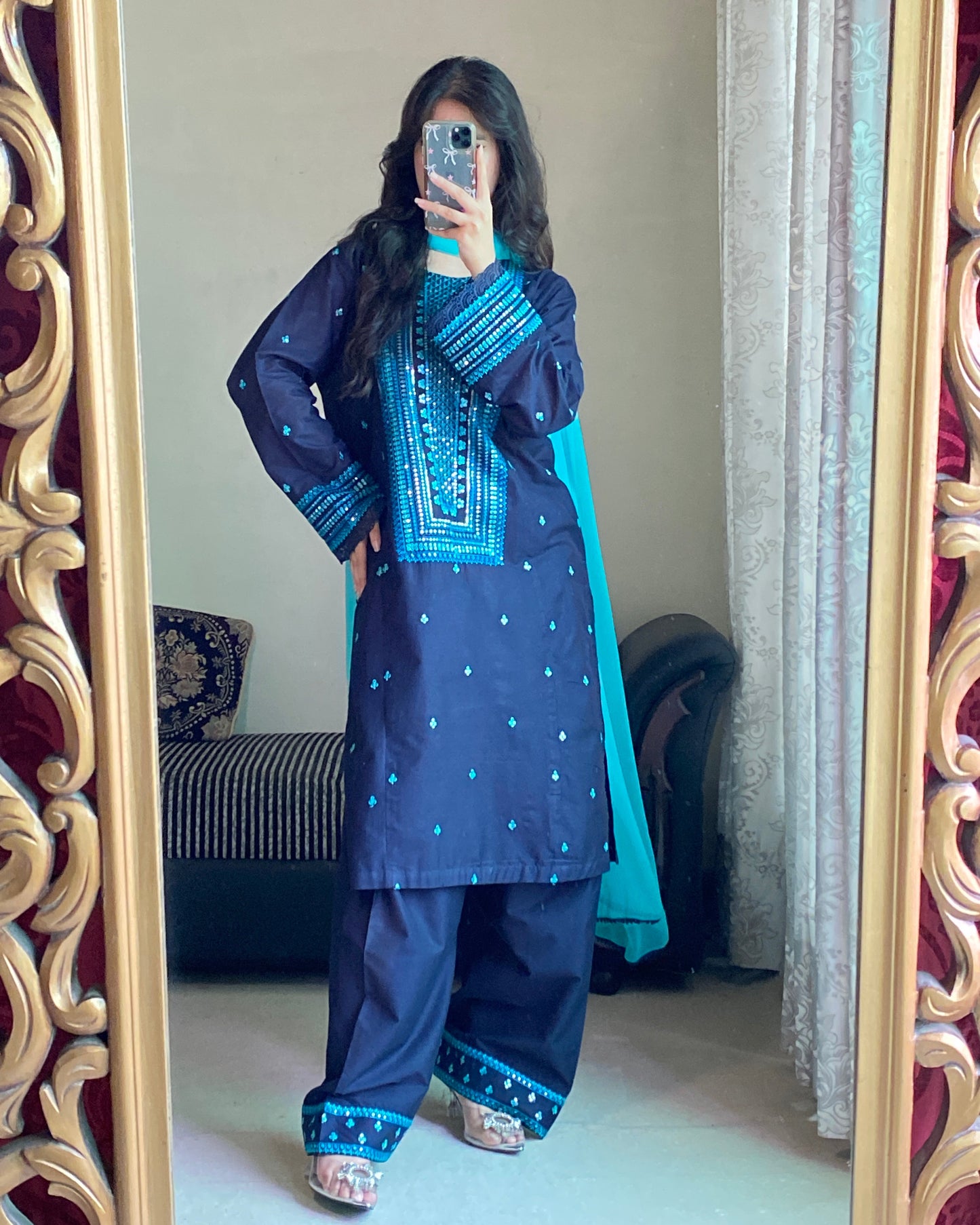 Navy Blue Embroidered Lawn Suit 3PC & 2PC | HU 22