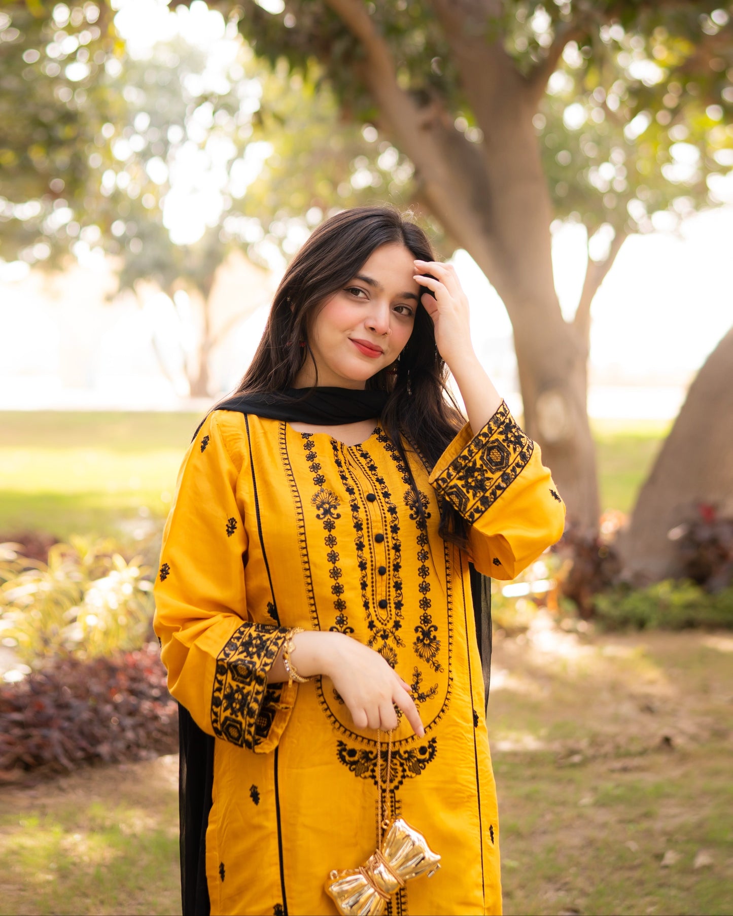 Mustard Yellow Embroidered Raw Silk 3pc & 2pc Suite | HU 34
