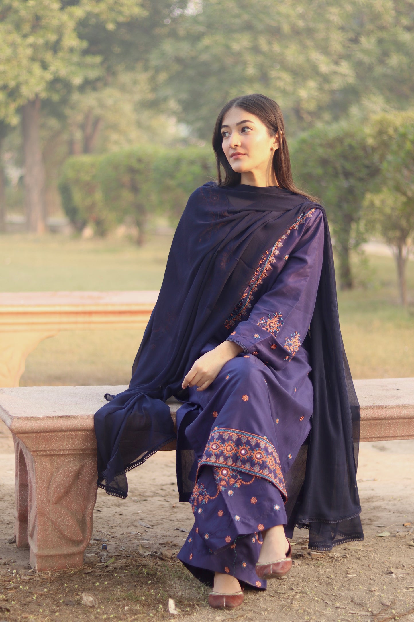 Navy Raw Silk Embroidered 3pc & 2pc Suite | HU 30