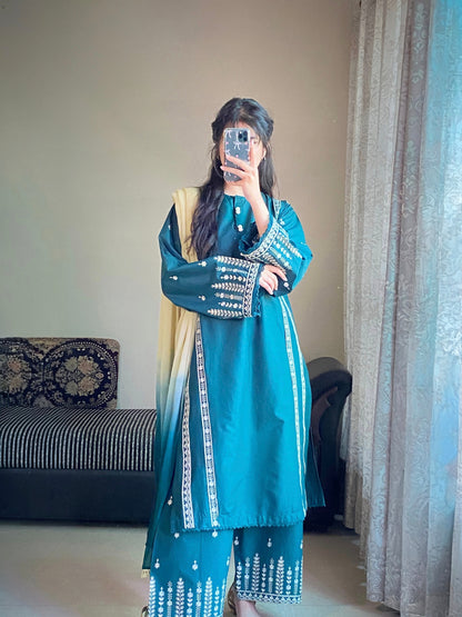 Graceful Green Embroidered Lawn Suit | HU 16
