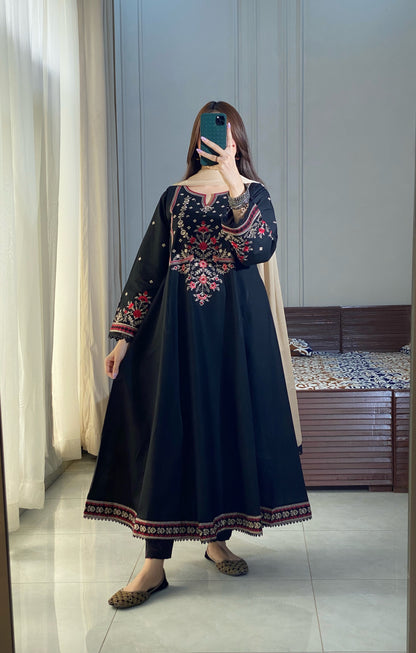 Black Embroidered Lawn Frock | HU 19