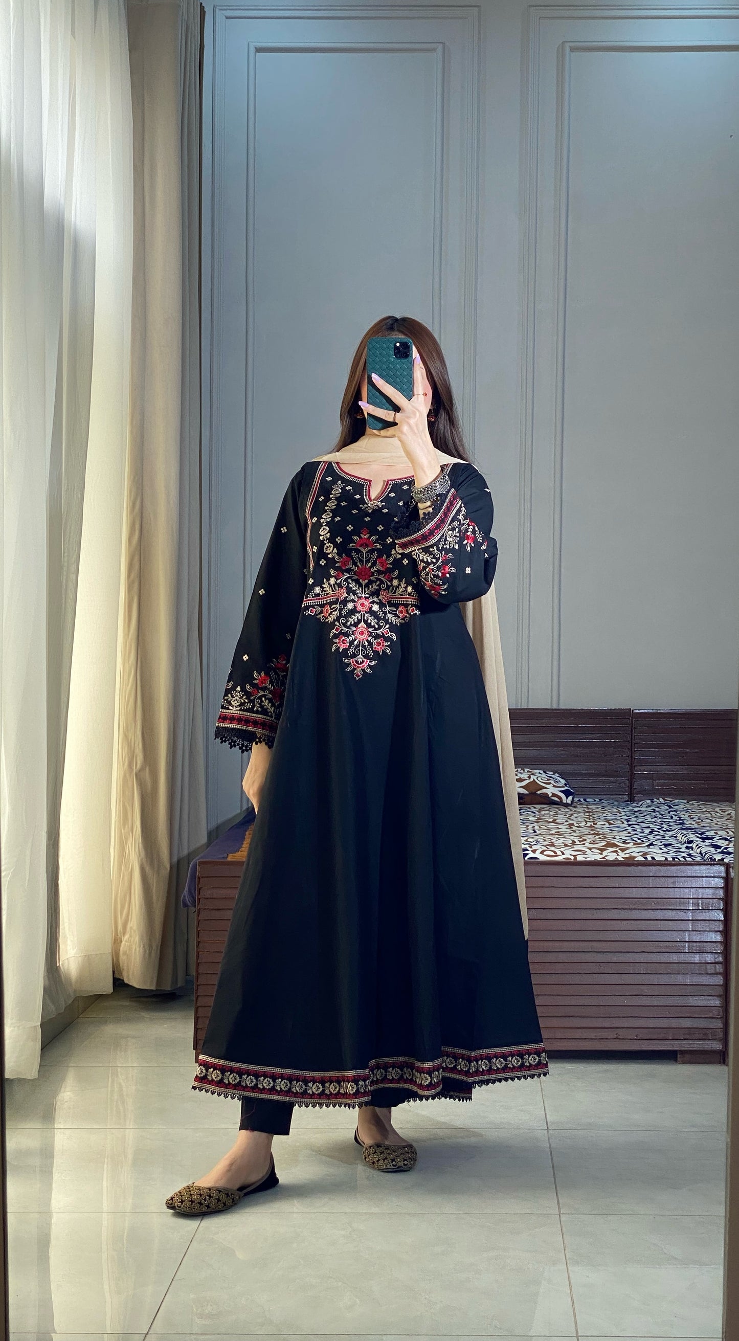 Black Embroidered Lawn Frock | HU 19