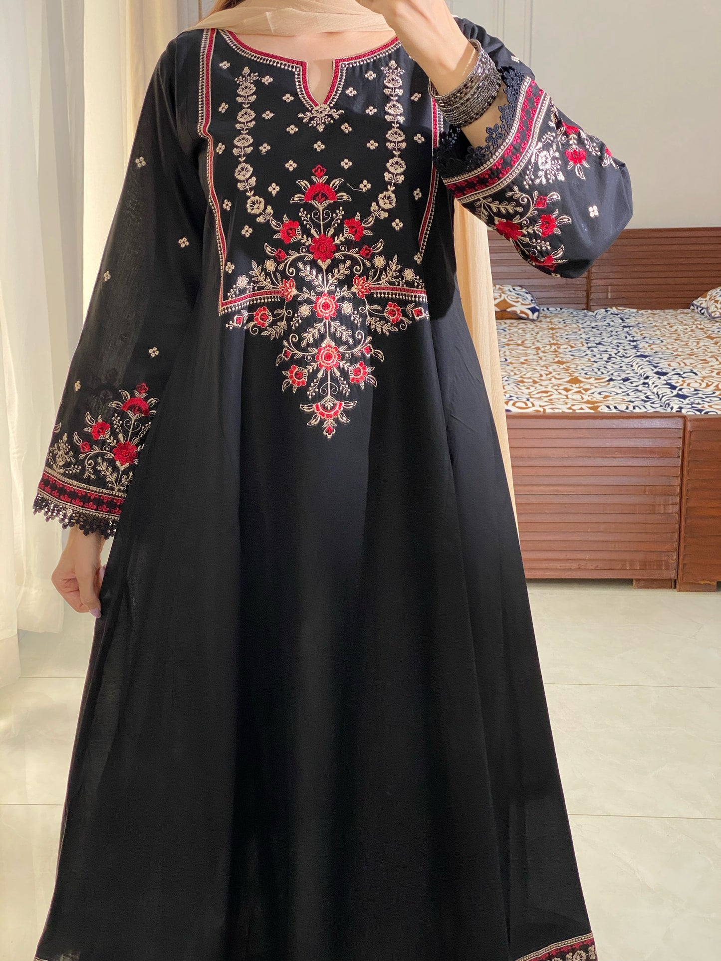 Black Embroidered Lawn Frock | HU 19