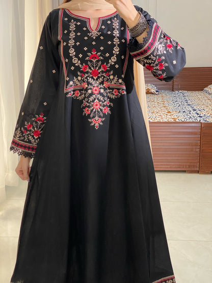 Black Embroidered Lawn Frock | HU 19