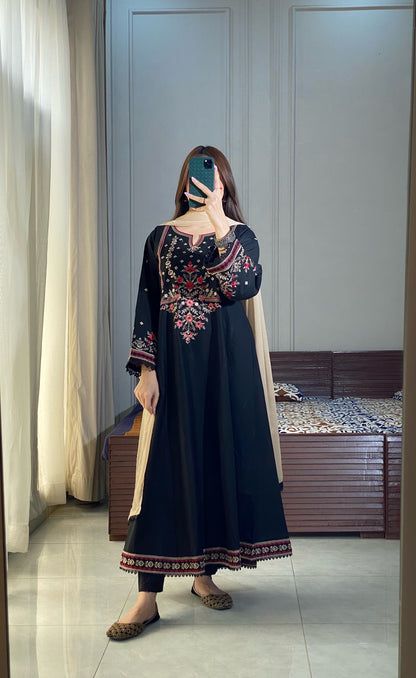 Black Embroidered Lawn Frock | HU 19