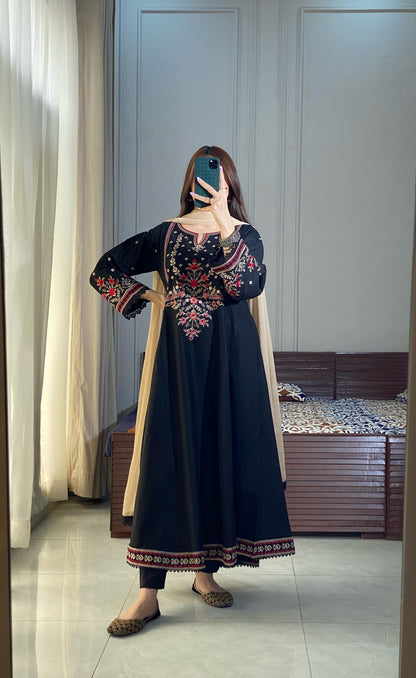 Black Embroidered Lawn Frock | HU 19