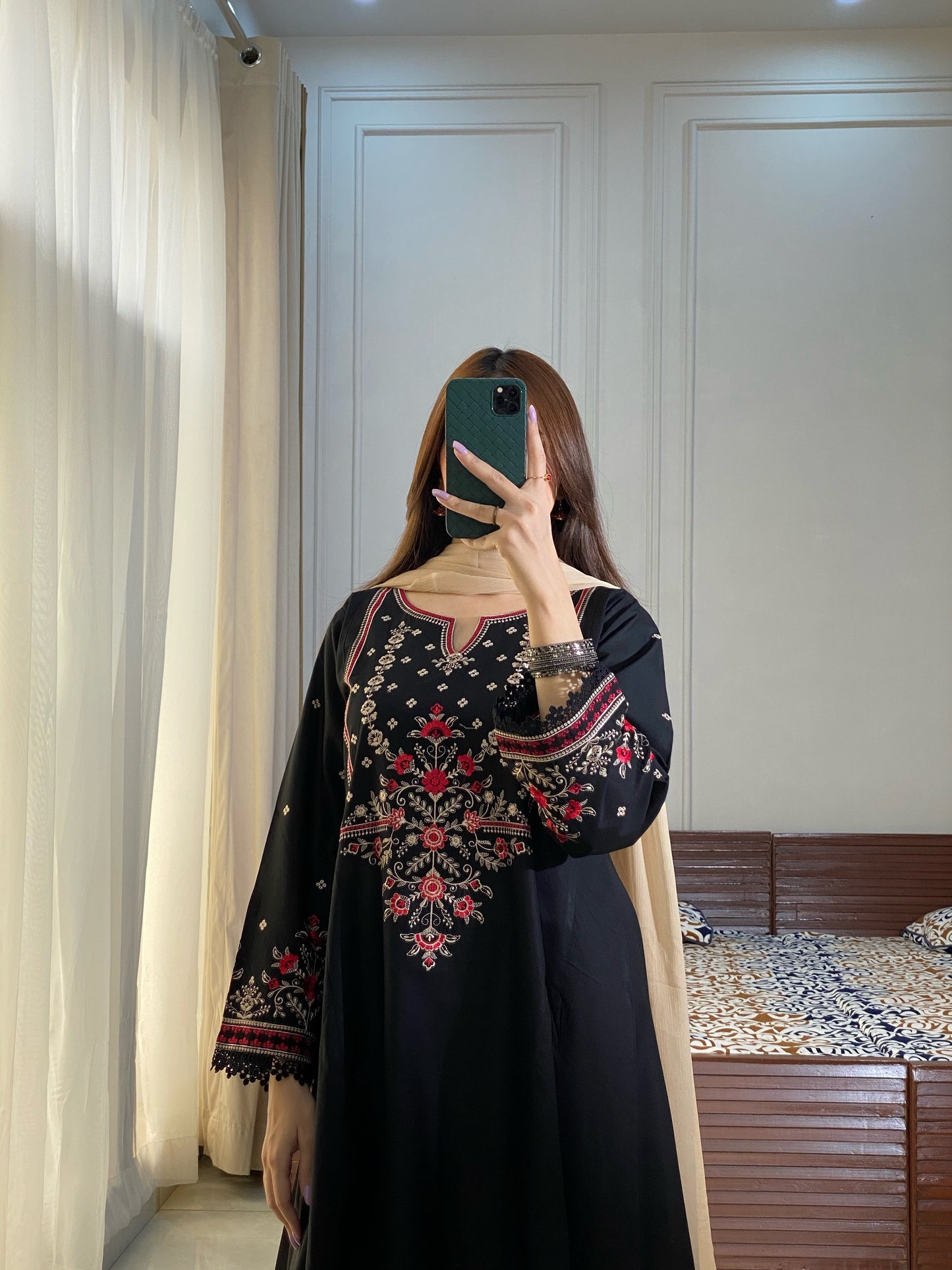 Black Embroidered Lawn Frock | HU 19
