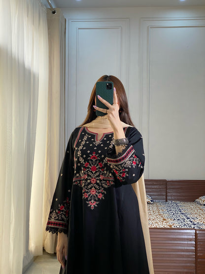 Black Embroidered Lawn Frock | HU 19