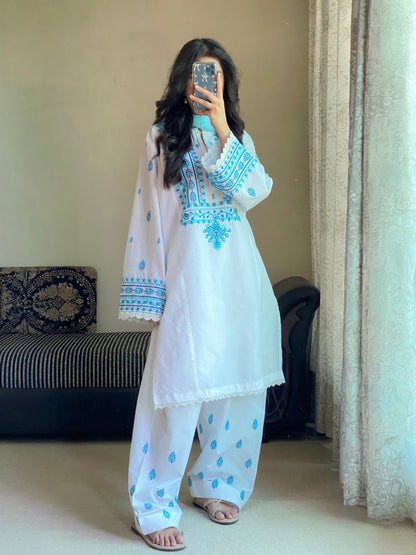 Elegant White & Blue Embroidered Lawn Suit | HU 15