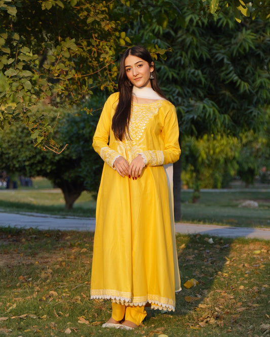 Sunshine Yellow Embroidered Frock Only 3 PC | HU 32
