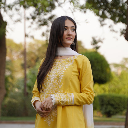 Sunshine Yellow Embroidered Frock Only 3 PC | HU 32