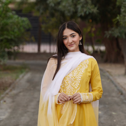 Sunshine Yellow Embroidered Frock Only 3 PC | HU 32