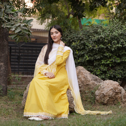 Sunshine Yellow Embroidered Frock Only 3 PC | HU 32