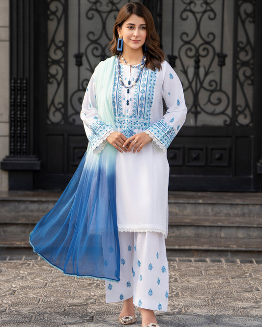 Elegant White & Blue Embroidered Lawn Suit | HU 15