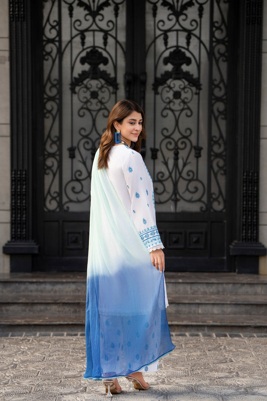 Elegant White & Blue Embroidered Lawn Suit | HU 15