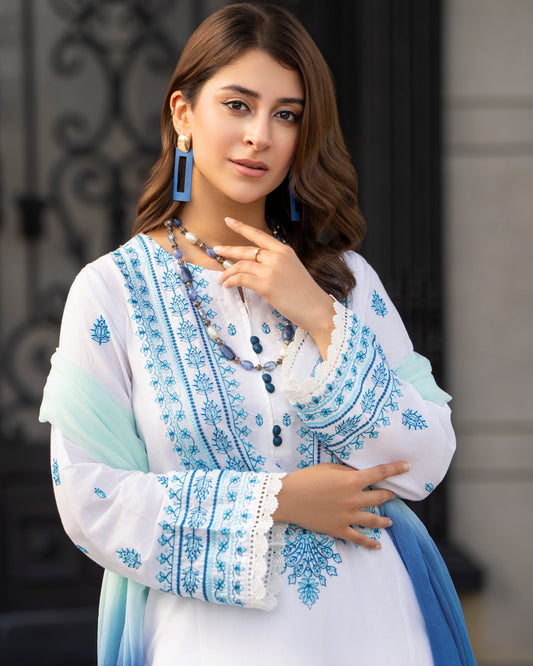 Elegant White & Blue Embroidered Lawn Sui 3PC & 2PC | HU 15