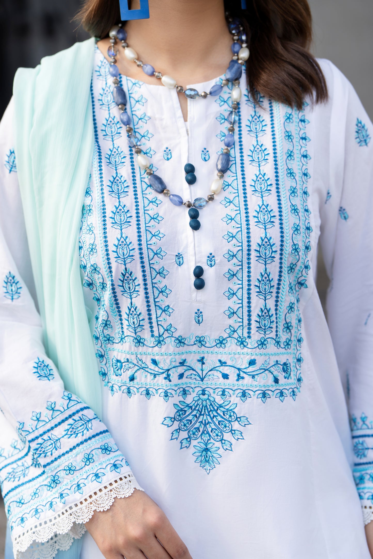 Elegant White & Blue Embroidered Lawn Suit | HU 15