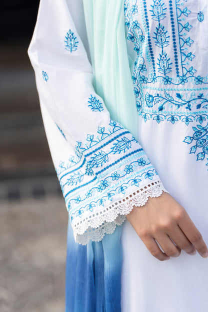 Elegant White & Blue Embroidered Lawn Suit | HU 15