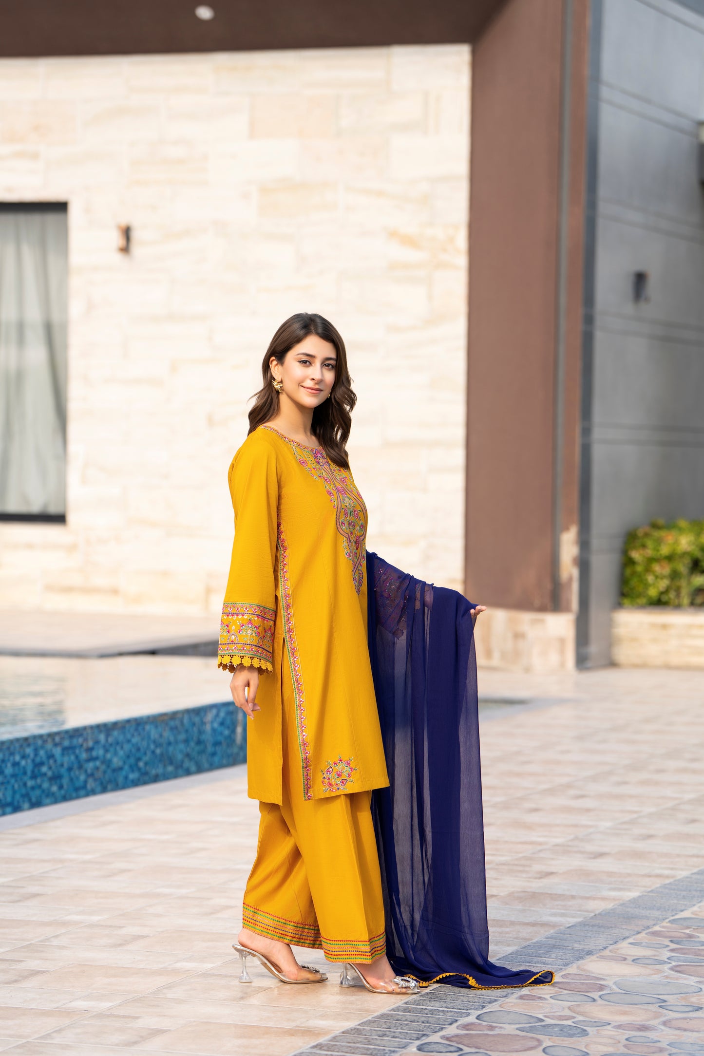 Mustard Embroidered Lawn Suit | HU 23