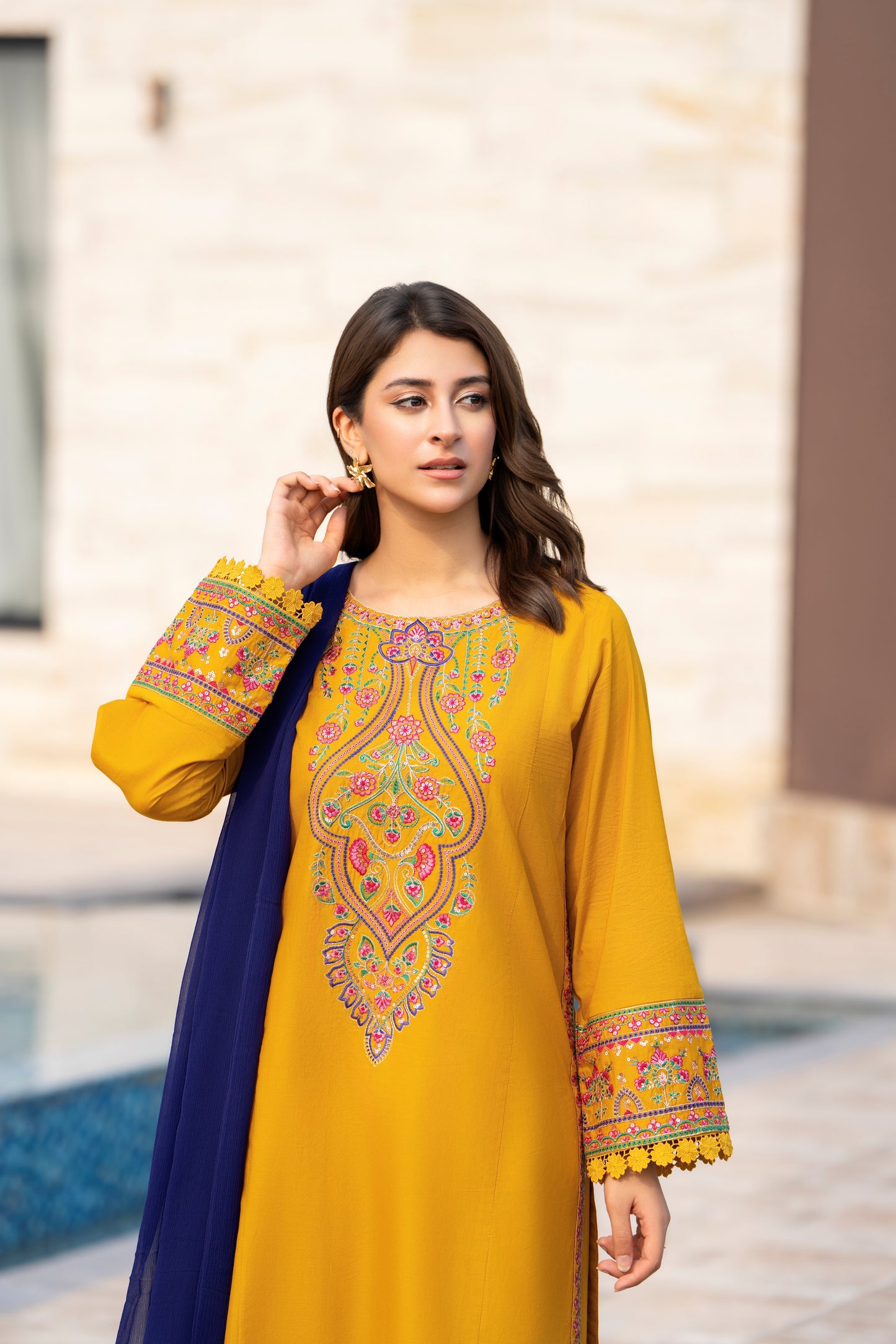 Mustard Embroidered Lawn Suit | HU 23