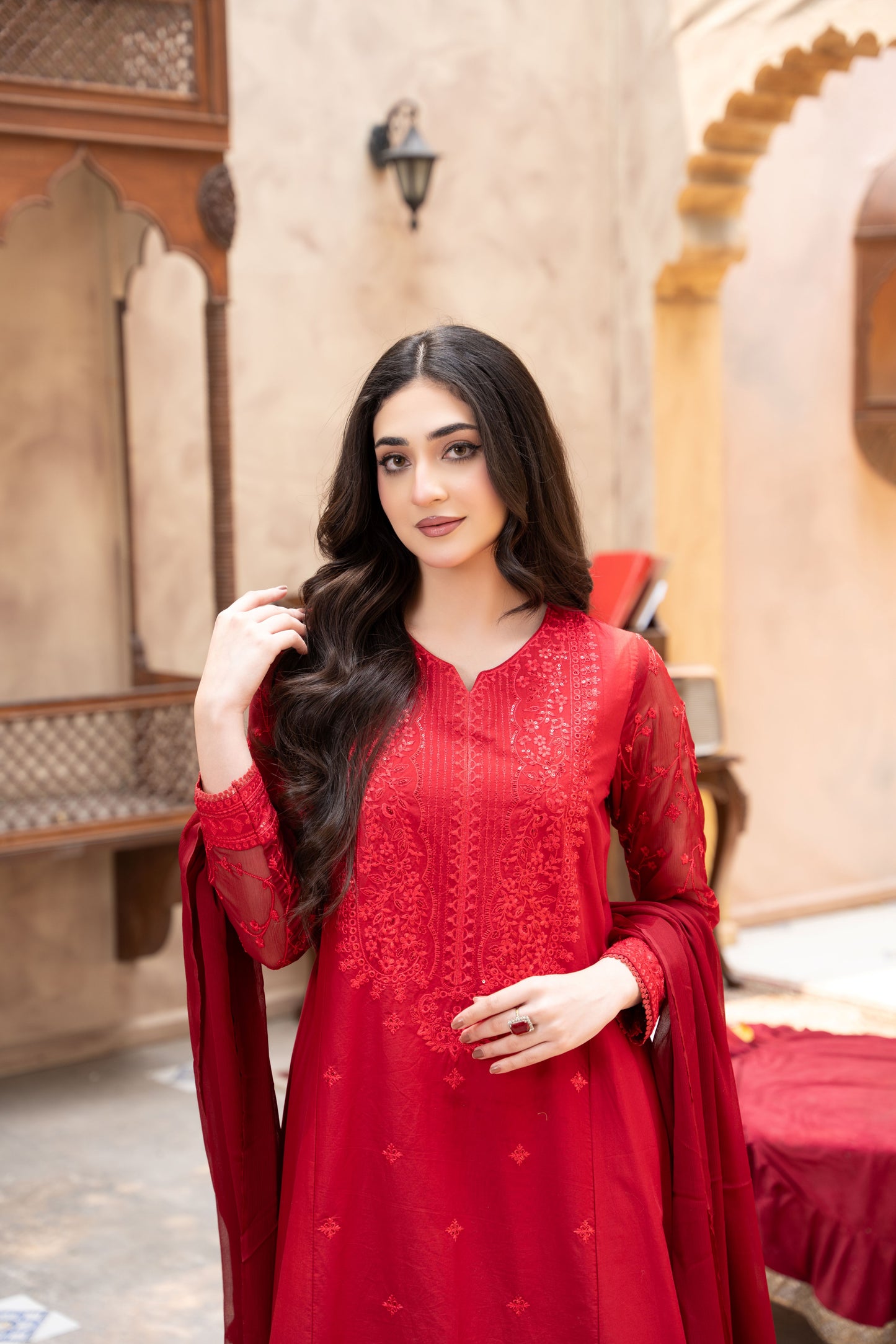 Royal Maroon Embroidered Luxury Lawn 3pc & 2pc Suit | HU 36