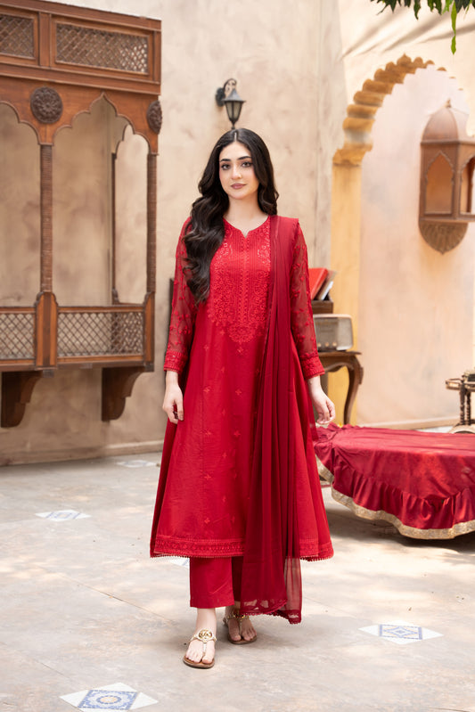 Royal Maroon Embroidered Luxury Lawn 3pc & 2pc Suit | HU 36