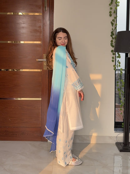 Elegant White & Blue Embroidered Lawn Suit 3PC & 2PC | HU 15