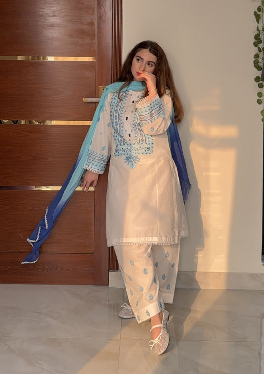 Elegant White & Blue Embroidered Lawn Suit 3PC & 2PC | HU 15