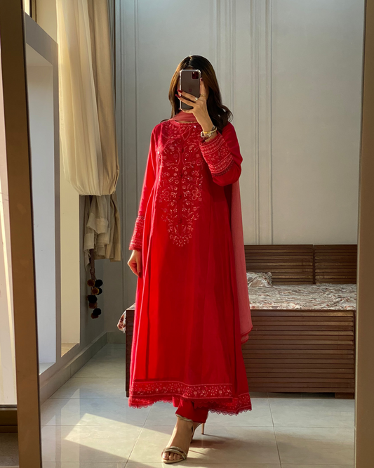 Crimson Red Embroidered 3PC & 2PC Frock | HU 32