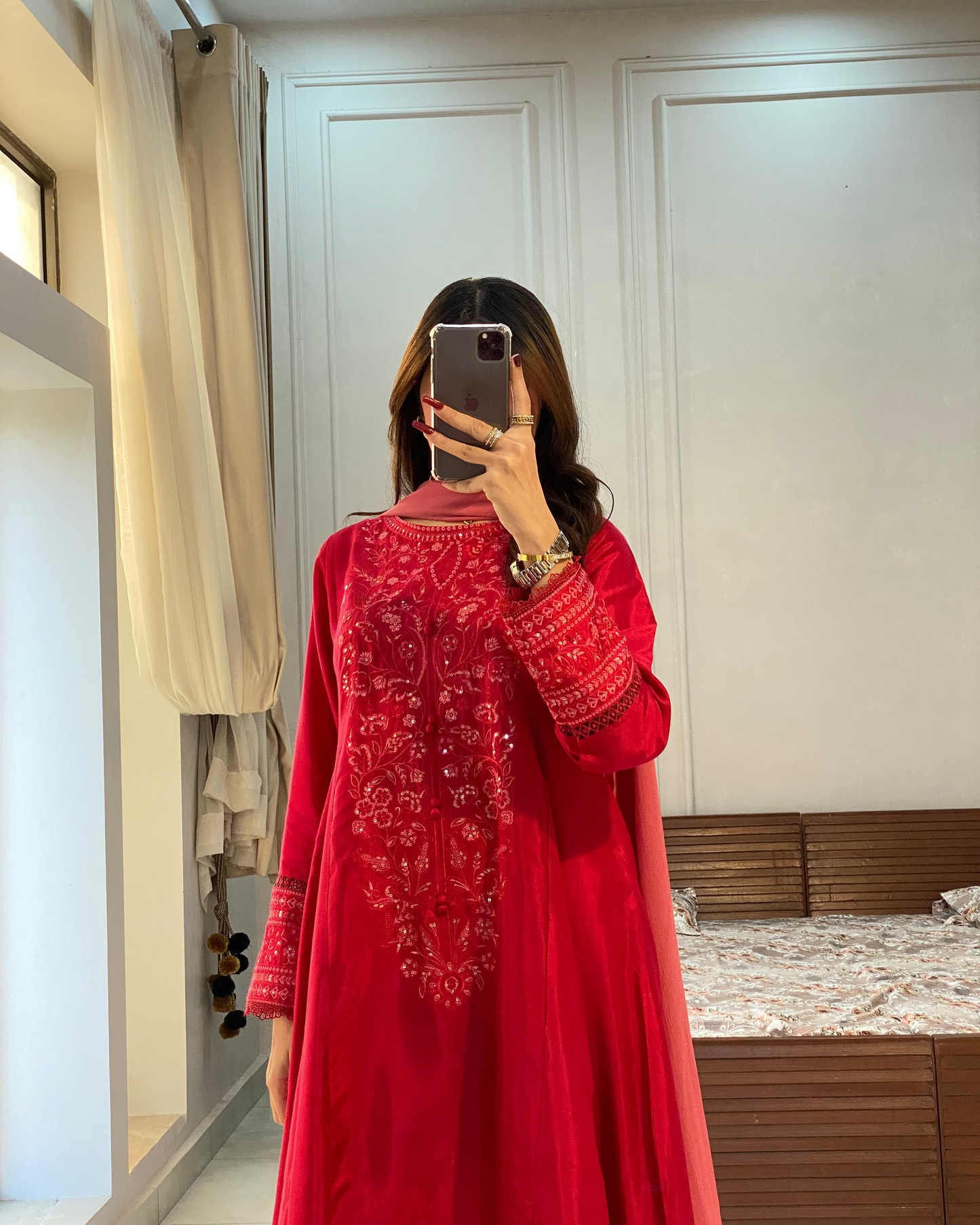 Crimson Red Embroidered 3PC & 2PC Frock | HU 32