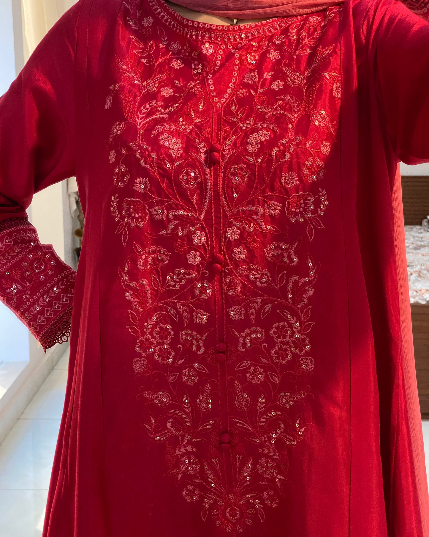 Crimson Red Embroidered 3PC & 2PC Frock | HU 32