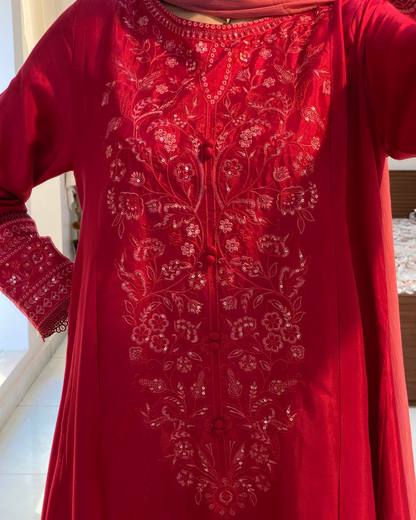 Crimson Red Embroidered 3PC & 2PC Frock | HU 32