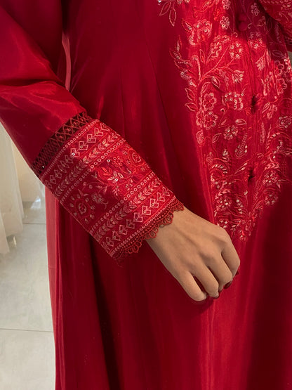 Crimson Red Embroidered 3PC & 2PC Frock | HU 32