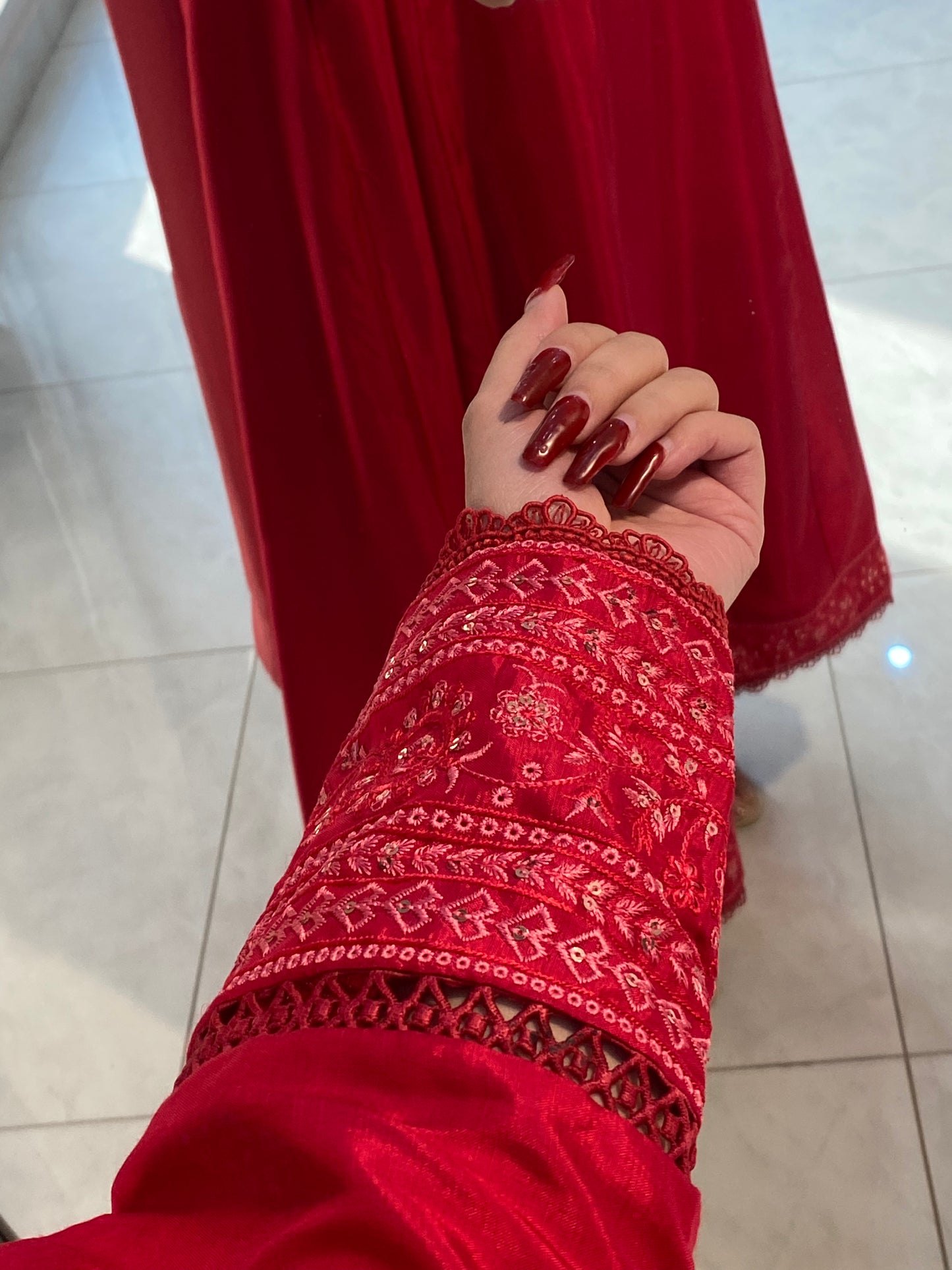 Crimson Red Embroidered 3PC & 2PC Frock | HU 32