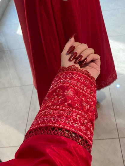 Crimson Red Embroidered 3PC & 2PC Frock | HU 32
