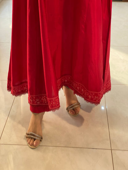Crimson Red Embroidered 3PC & 2PC Frock | HU 32