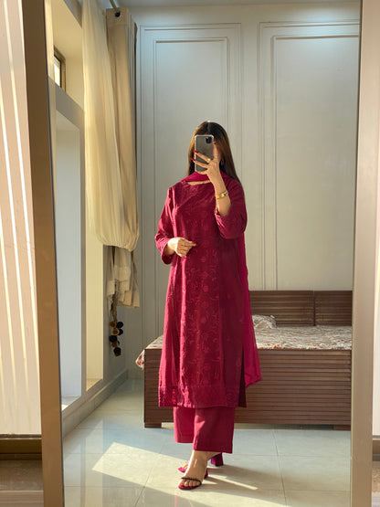 Merlot Burgundy Khaddar Emboidered 3PC Suite | HU 26