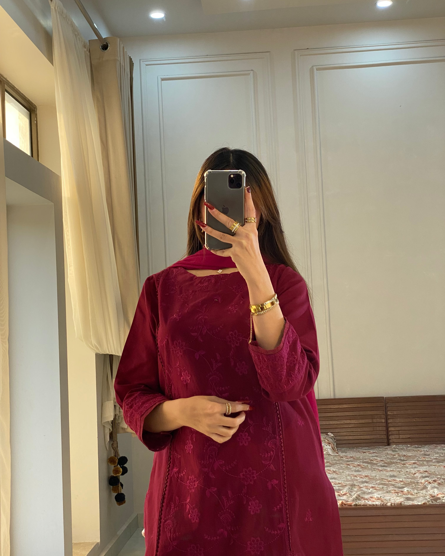 Merlot Burgundy Khaddar Emboidered 3PC Suite | HU 26