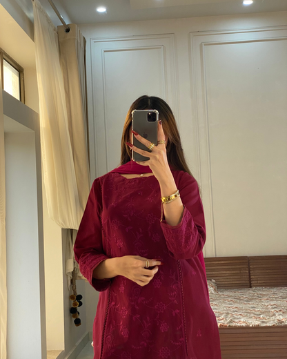Merlot Burgundy Khaddar Emboidered 3PC Suite | HU 26