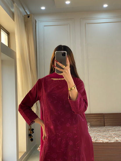 Merlot Burgundy Khaddar Emboidered 3PC Suite | HU 26