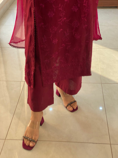 Merlot Burgundy Khaddar Emboidered 3PC Suite | HU 26