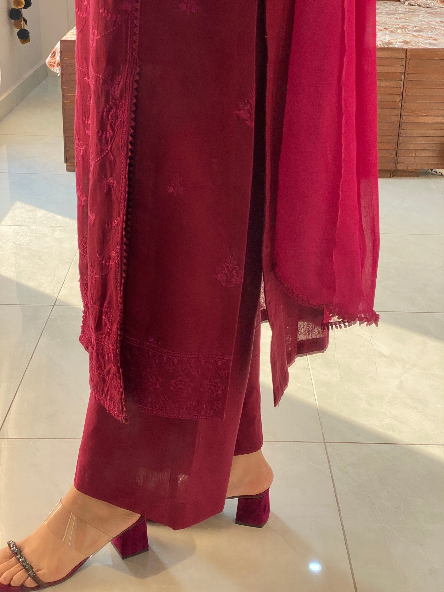 Merlot Burgundy Khaddar Emboidered 3PC Suite | HU 26