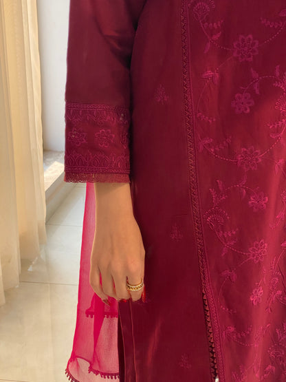 Merlot Burgundy Khaddar Emboidered 3PC Suite | HU 26